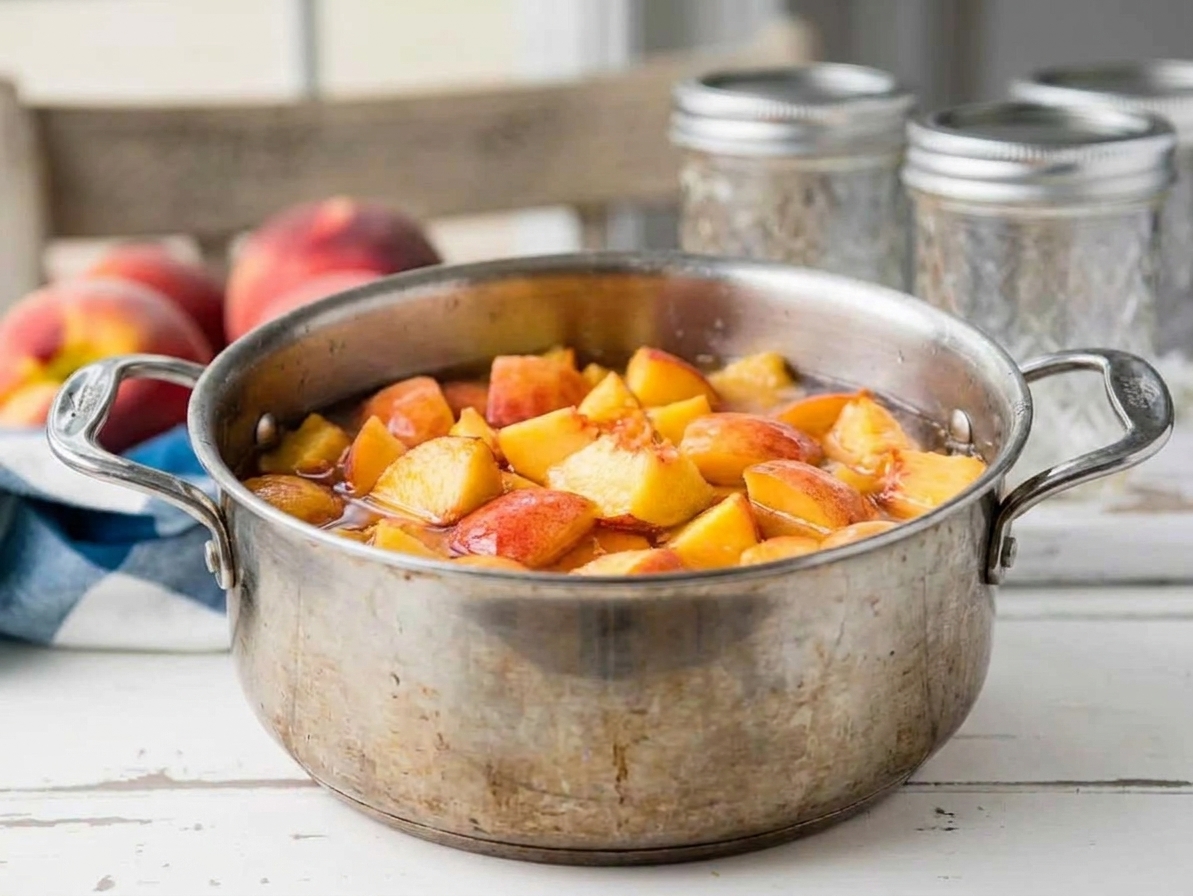 Chopped peaches in a large pot with a small amount of water, ready to cook on a stovetop