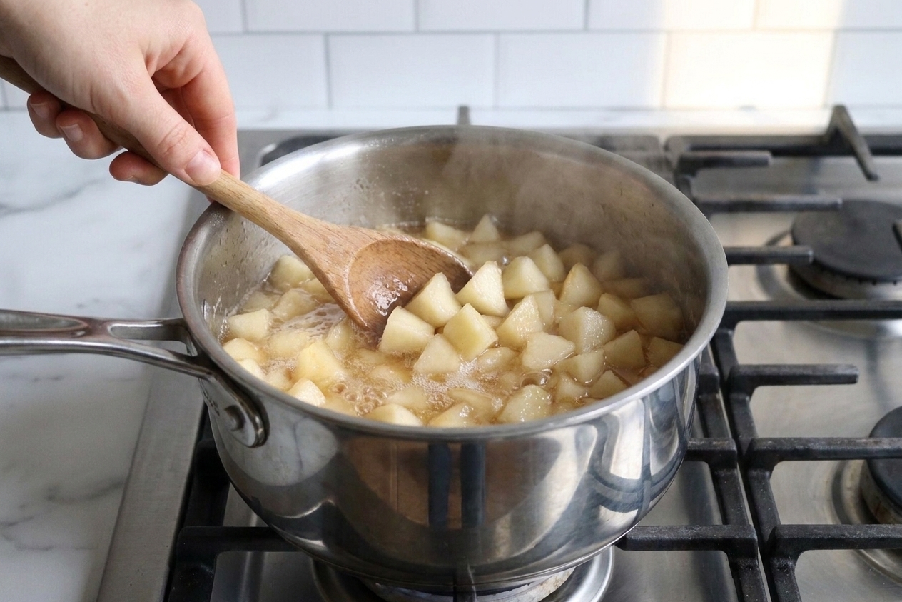 Chopped pears simmering in a stainless steel saucepan with visible bubbling syrup on a stovetop in a clean home kitchen