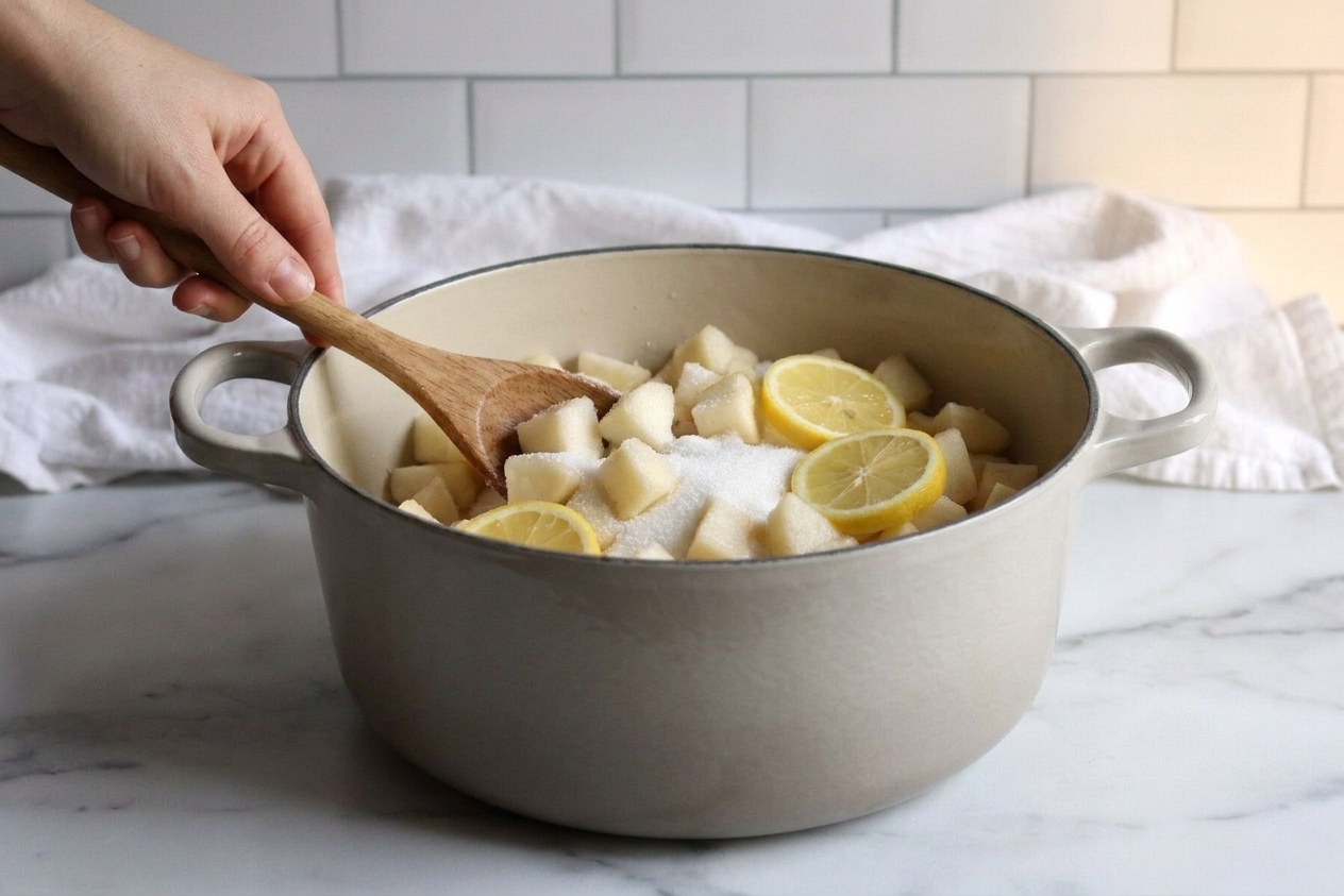 Chopped pears, sugar, and lemon juice in a heavy pot before cooking on a stovetop