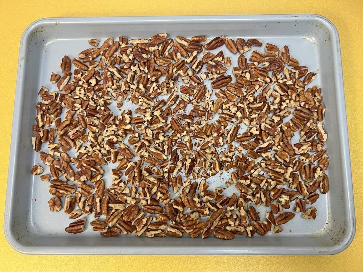 Chopped pecans spread in an even layer on a rimmed baking sheet, ready to toast in the oven