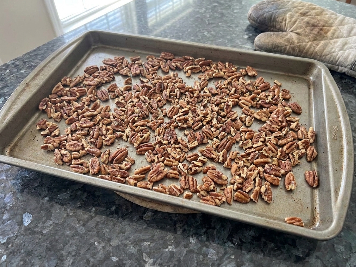 Chopped pecans spread on a sheet pan, lightly toasted and fragrant
