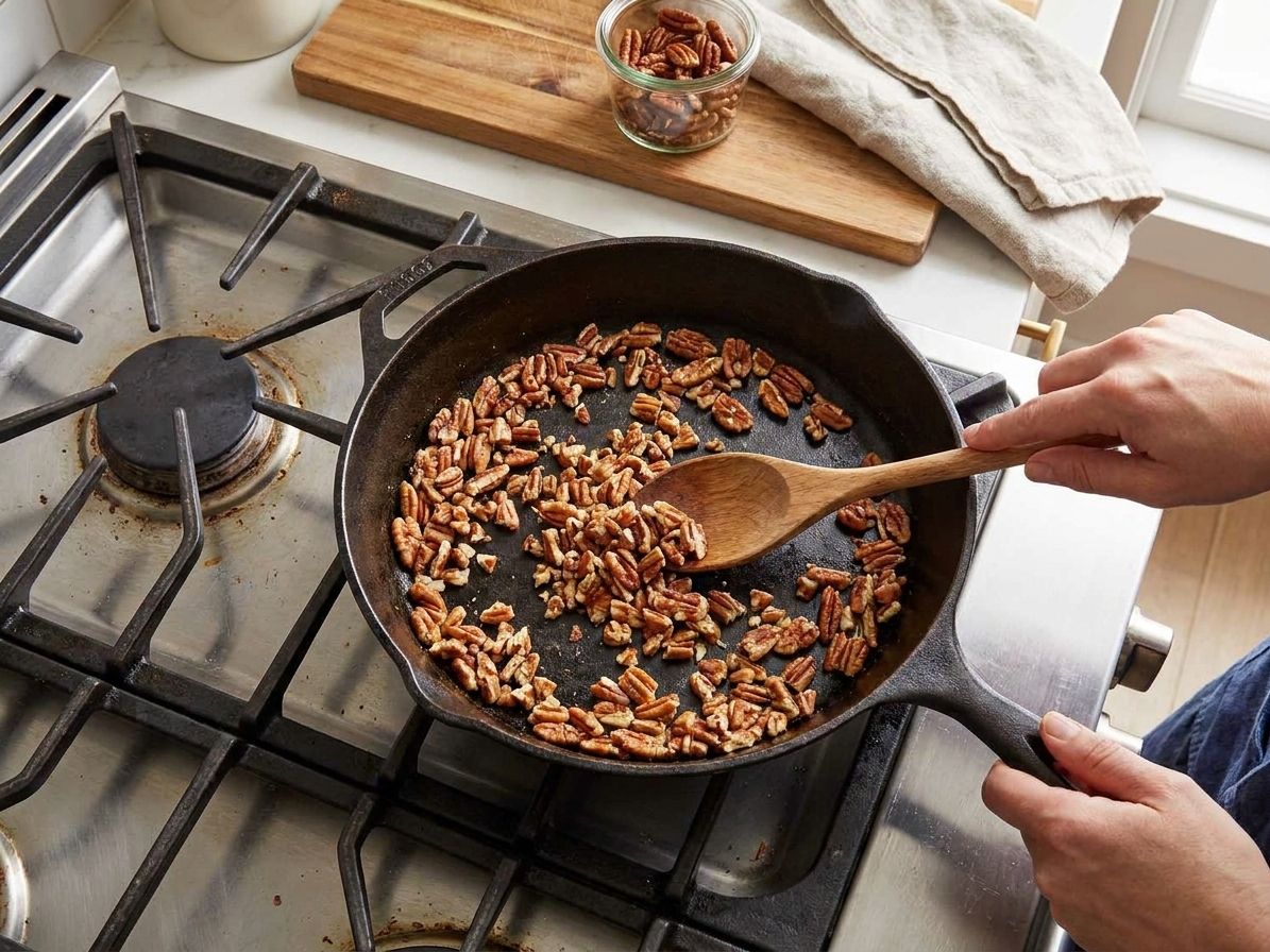 Chopped pecans toasting in a dry skillet on a home stove with a wooden spoon stirring