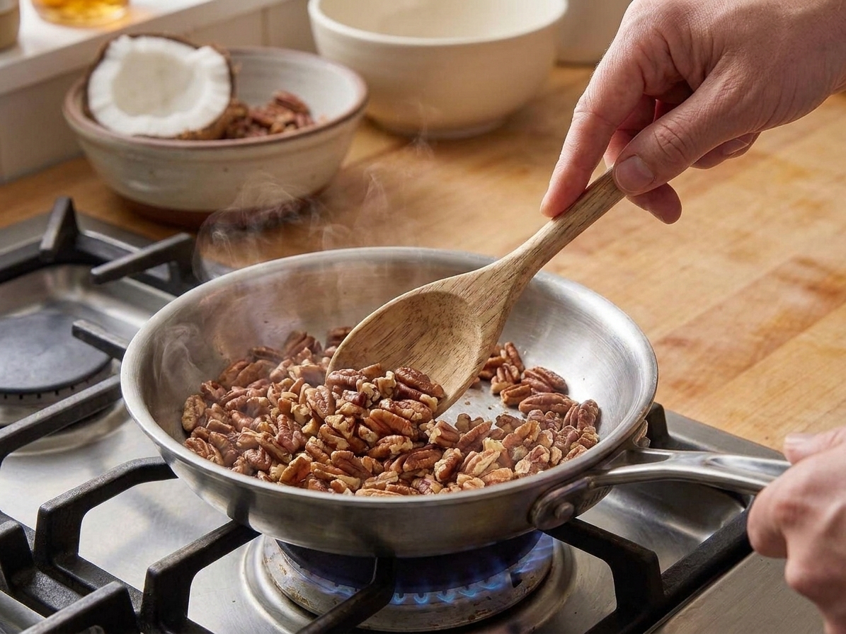 Chopped pecans toasting in a small dry skillet on a stovetop while being stirred with a wooden spoon
