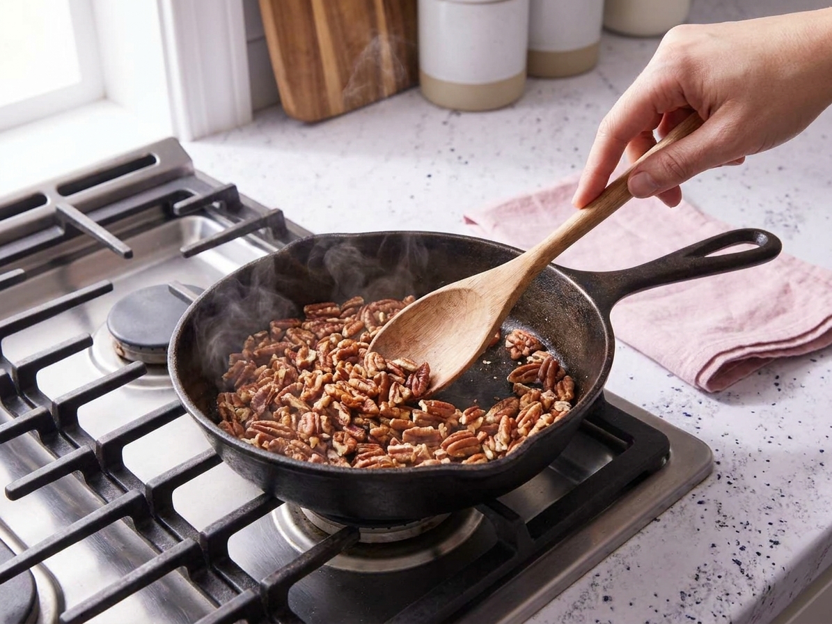 Chopped pecans toasting in a small skillet on a stovetop while being stirred with a wooden spoon