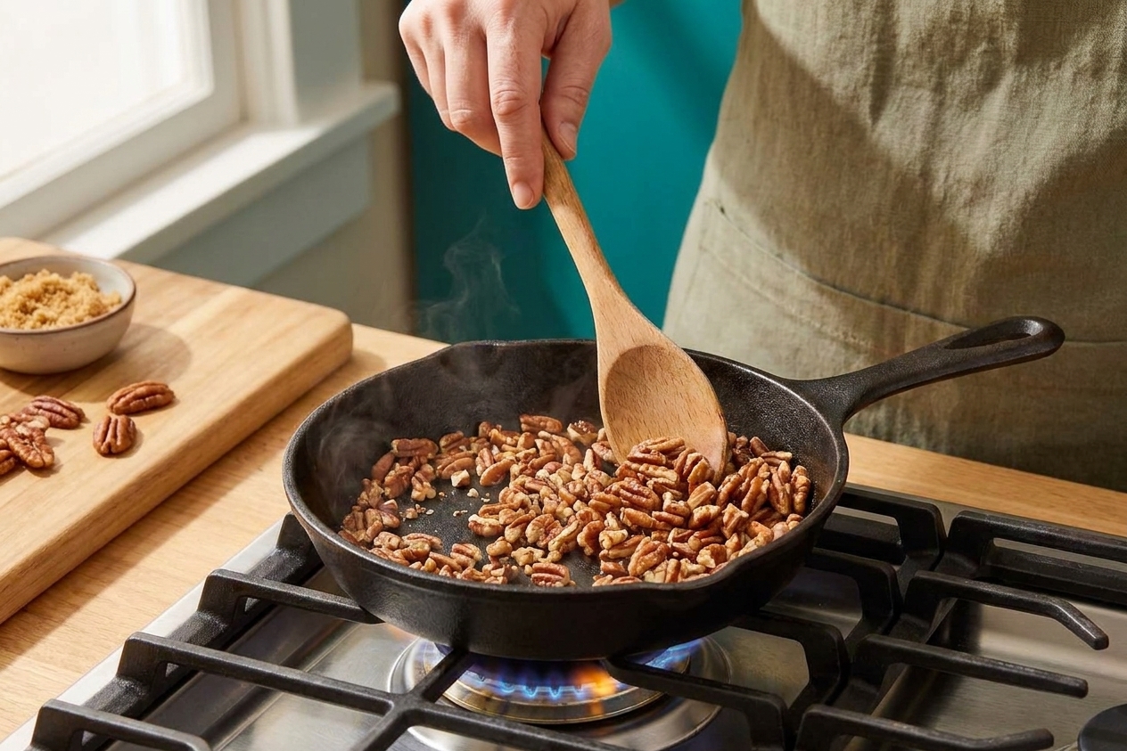 Chopped pecans toasting in a small skillet on a stovetop, with a wooden spoon stirring them in warm kitchen light