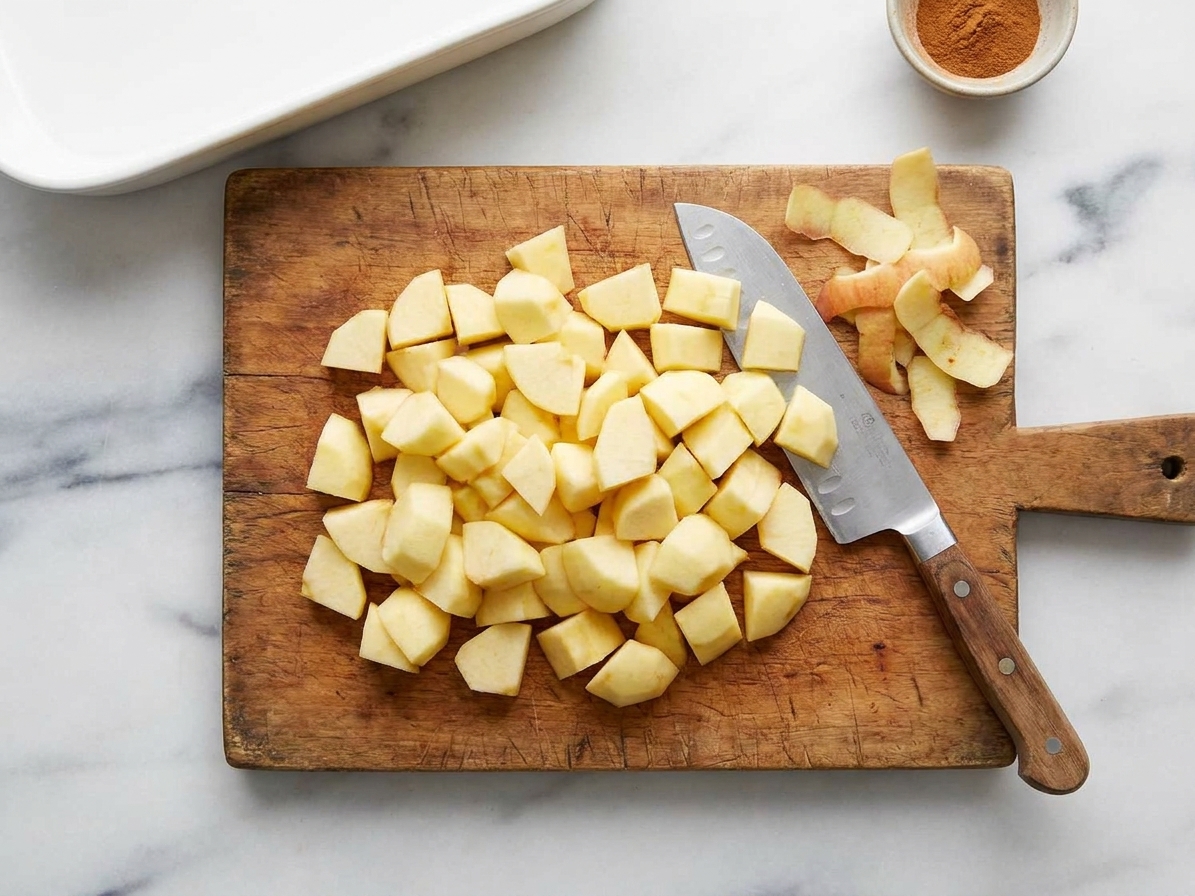 Chopped peeled apples piled on a wooden cutting board beside a chef's knife on a bright kitchen counter