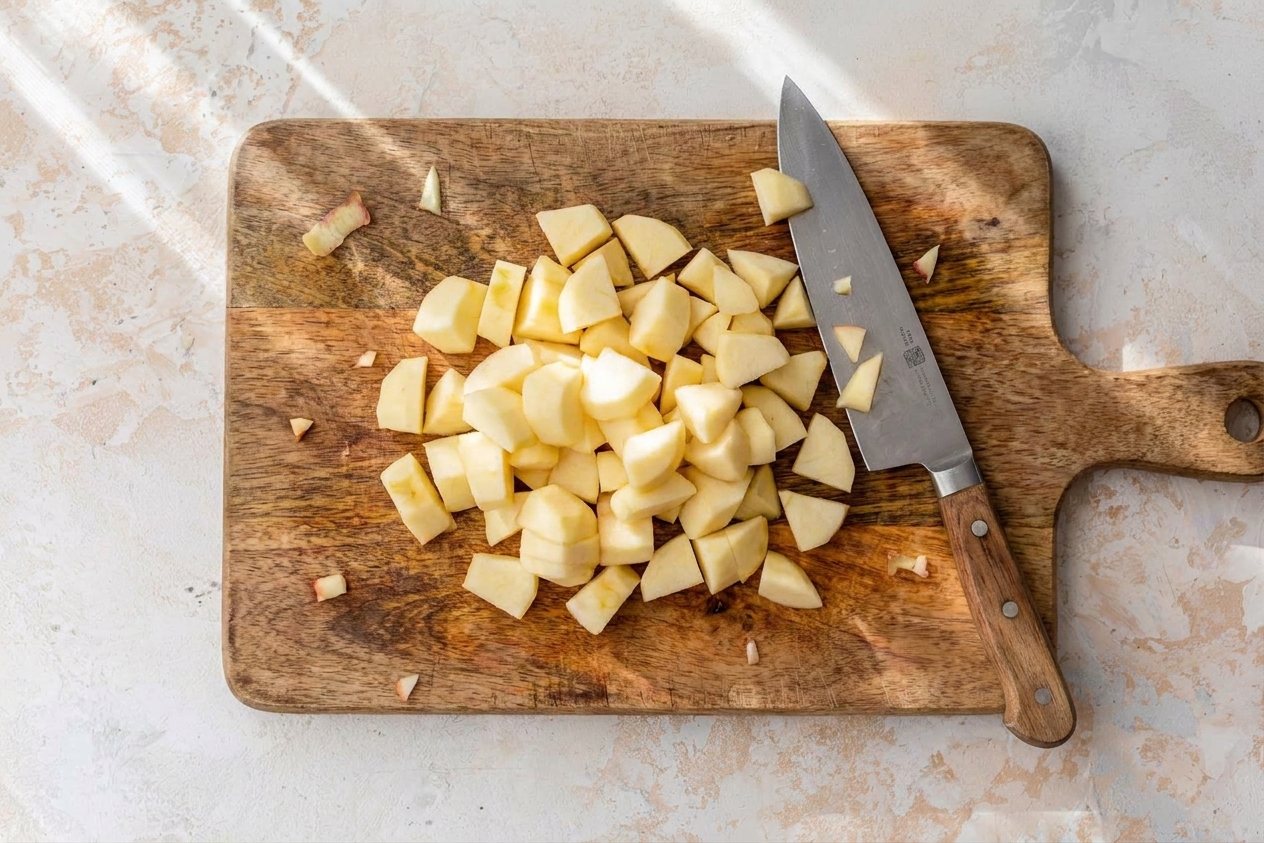 Chopped peeled apples piled on a wooden cutting board with a chef’s knife beside them