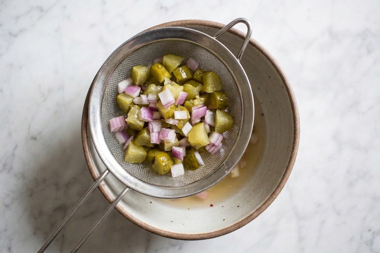 Chopped pickles and onions draining in a fine-mesh strainer set over a bowl on a kitchen counter