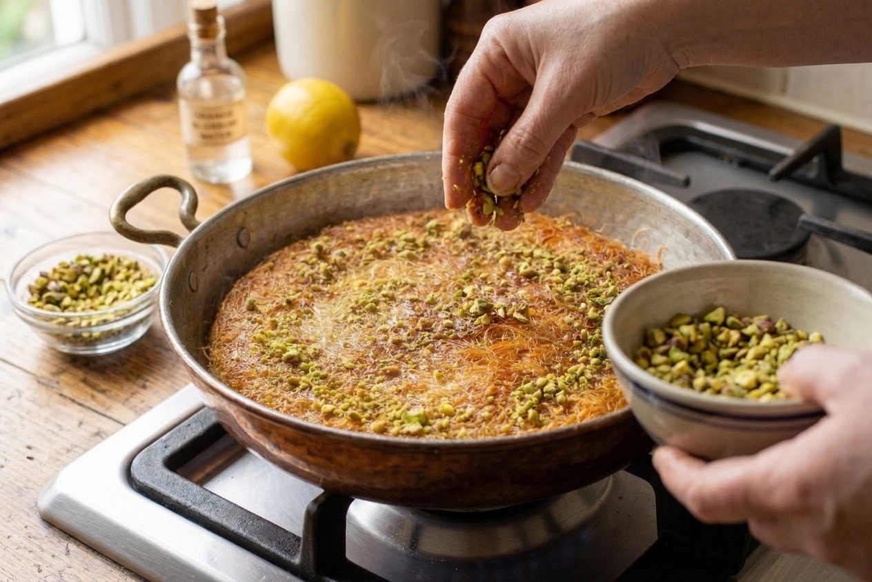 Chopped pistachios being sprinkled over syrup-soaked knafeh in a pan, with a small bowl of pistachios on the counter