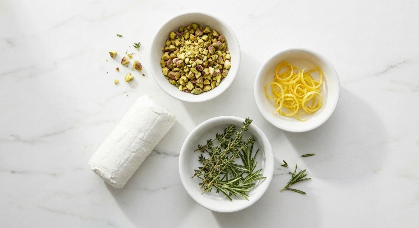 Chopped pistachios, lemon zest, and fresh herbs in small bowls next to a goat cheese log on a kitchen counter