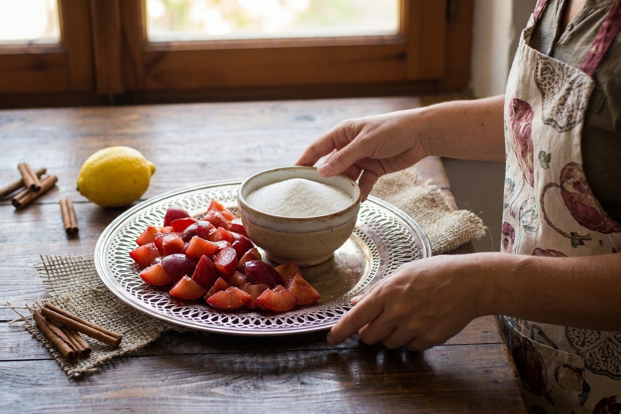 Chopped plums, a bowl of sugar, a lemon, and cinnamon on a kitchen counter ready for jam making