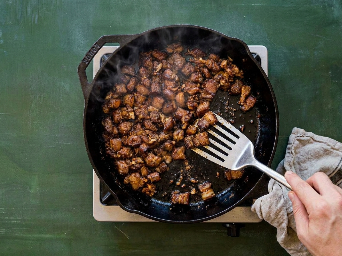 Chopped pork sizzling and browning in a cast iron skillet on a stovetop with a metal spatula