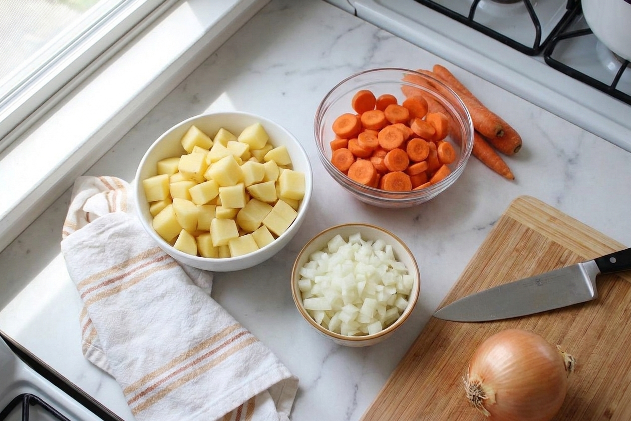 Chopped potatoes, sliced carrots, and diced onion prepped in bowls on a kitchen counter under soft natural light