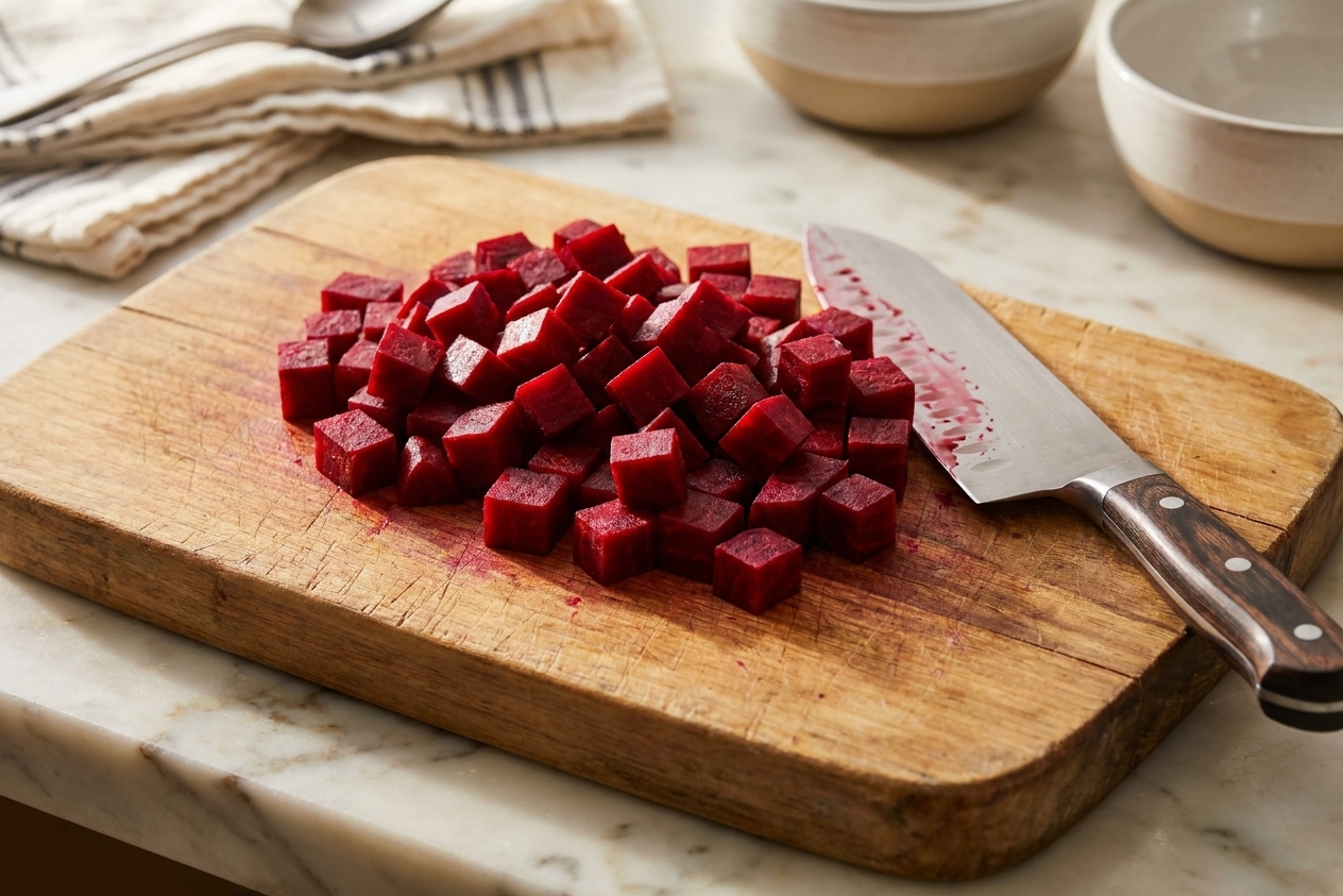 Chopped raw beets in small cubes on a wooden cutting board with a chef's knife beside them
