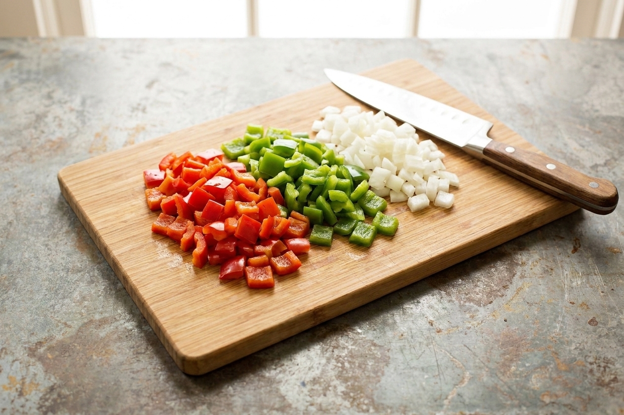 Chopped red and green bell peppers on a wooden cutting board with a chef's knife and a small pile of diced onion