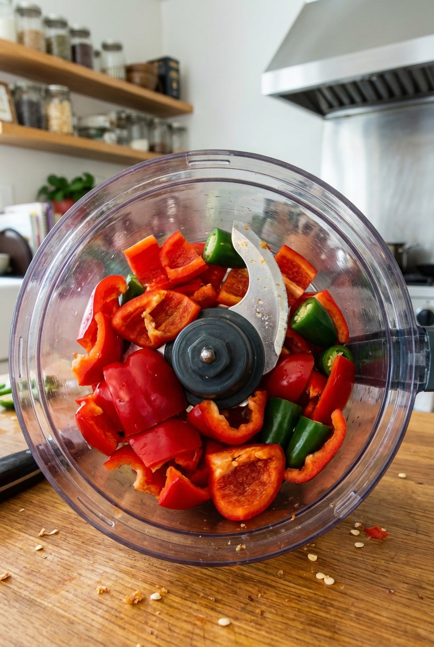 Chopped red bell peppers and jalapeños in a food processor bowl on a kitchen counter mid-prep