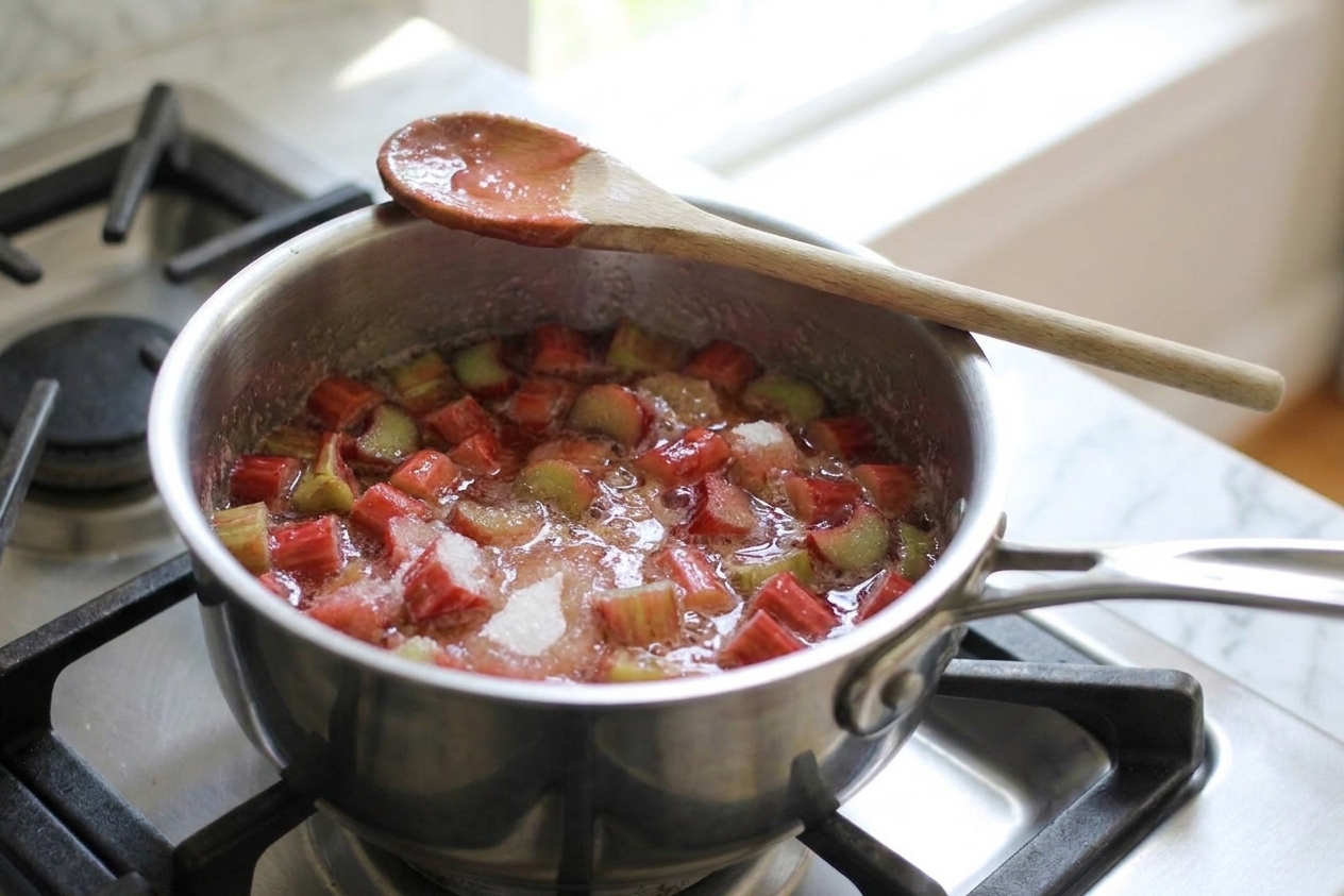 Chopped rhubarb and sugar melting together in a stainless steel saucepan on a stovetop as it begins to bubble