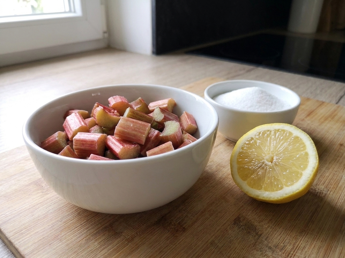 Chopped rhubarb in a bowl next to a bowl of granulated sugar and a halved lemon on a clean kitchen counter