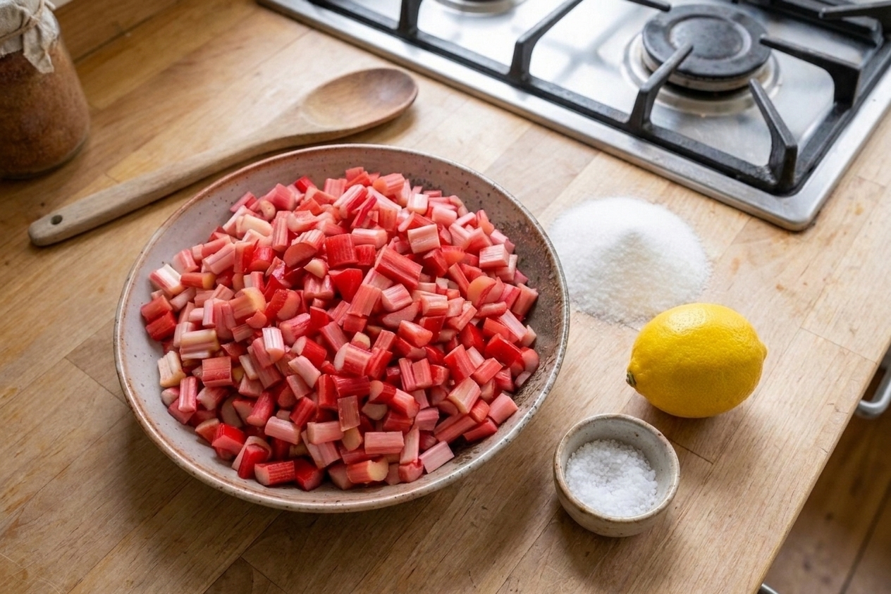 Chopped rhubarb in a bowl next to a pile of sugar, a lemon, and a small dish of salt on a bright kitchen counter