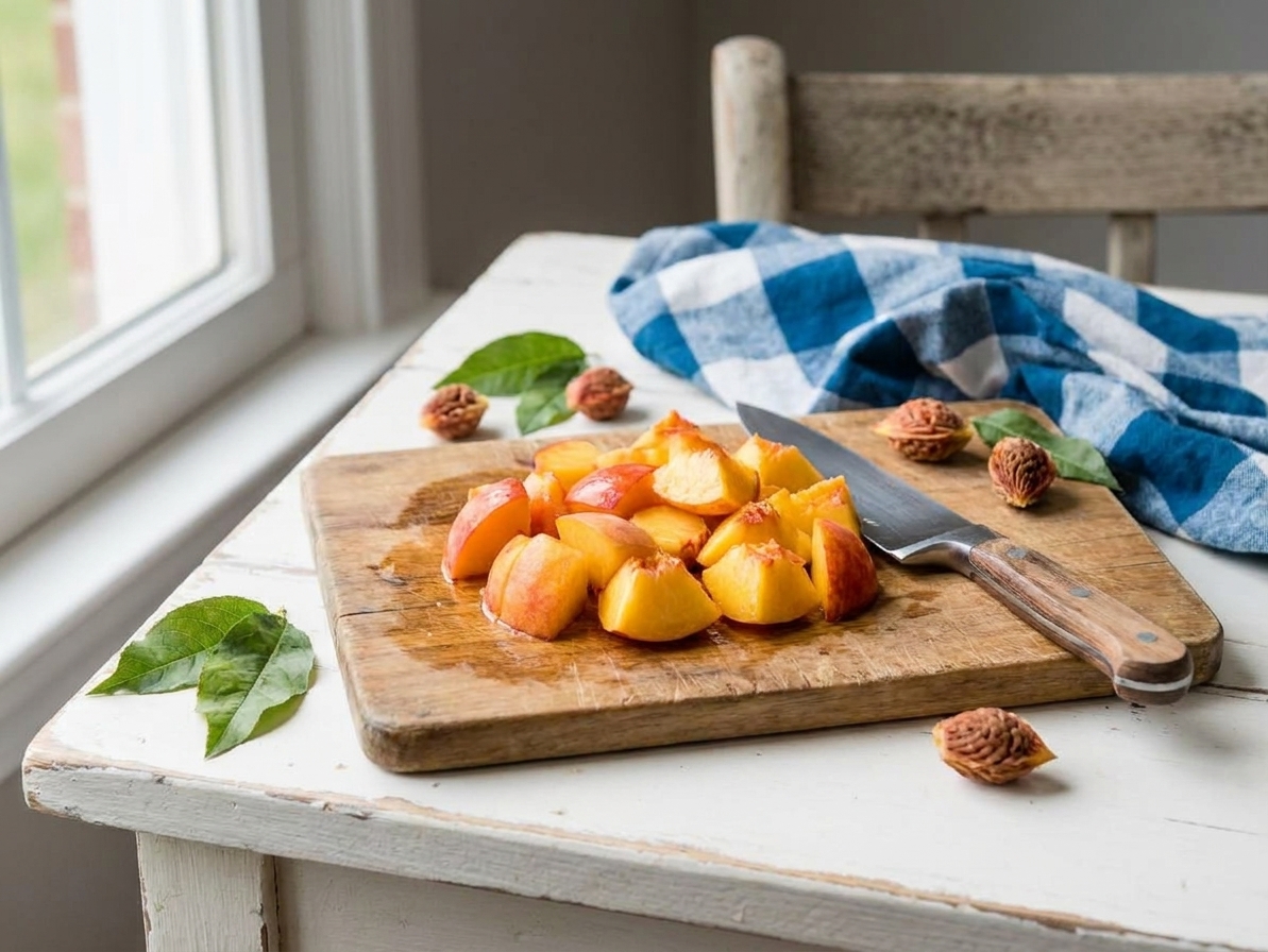 Chopped ripe peaches on a wooden cutting board with a chef's knife and peach pits nearby on a kitchen counter