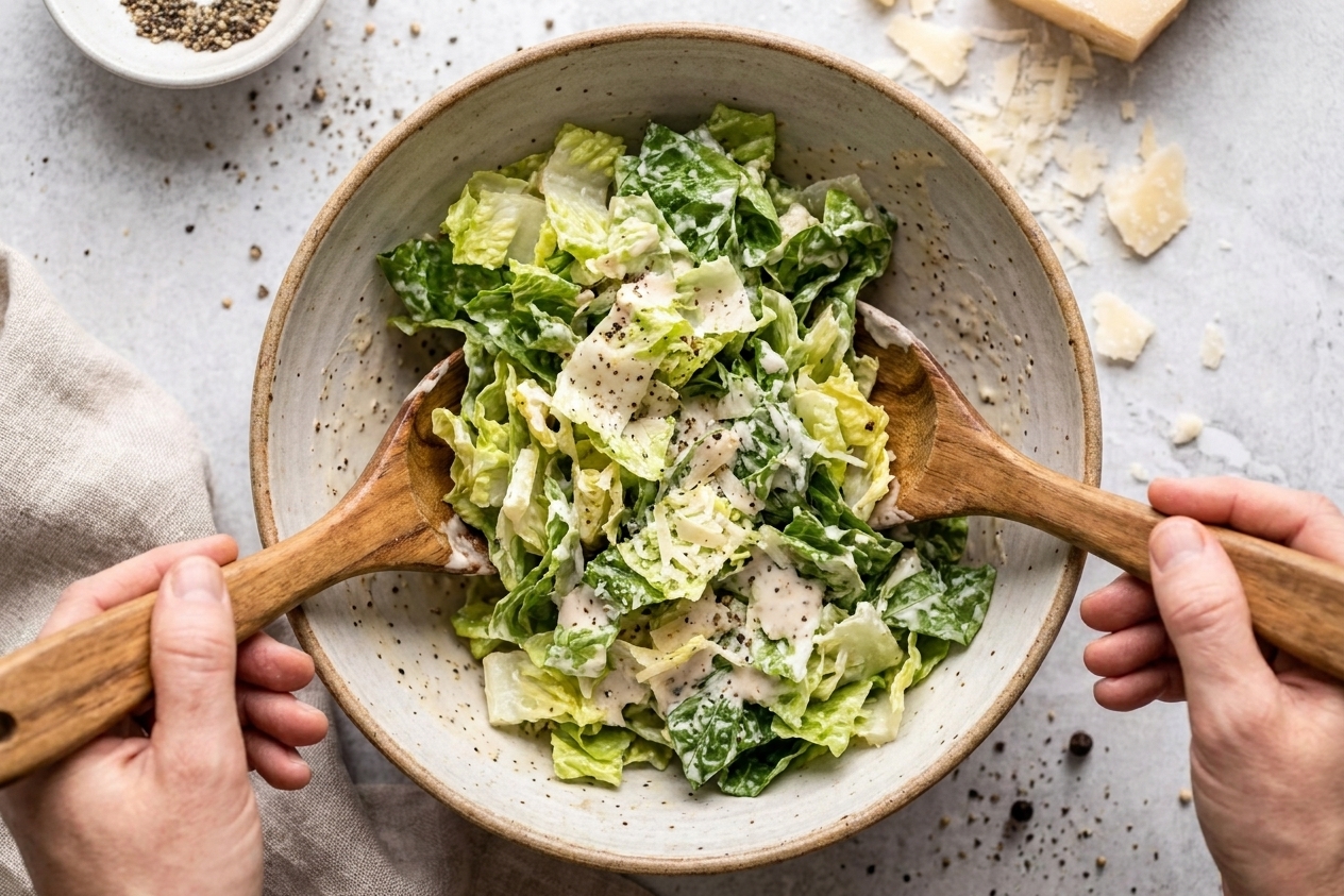 Chopped romaine being tossed with creamy Caesar dressing in a large mixing bowl