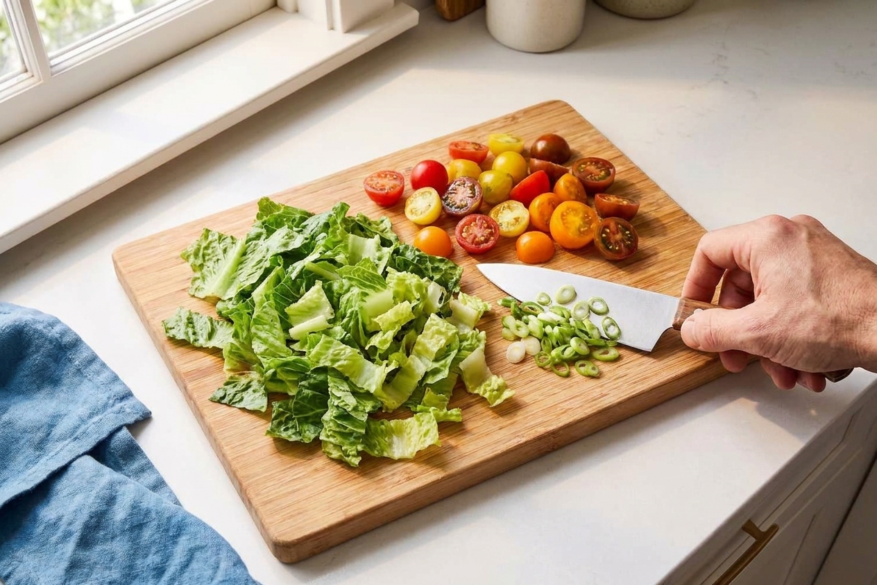 Chopped romaine lettuce, halved cherry tomatoes, and sliced green onions arranged on a cutting board with a chef's knife
