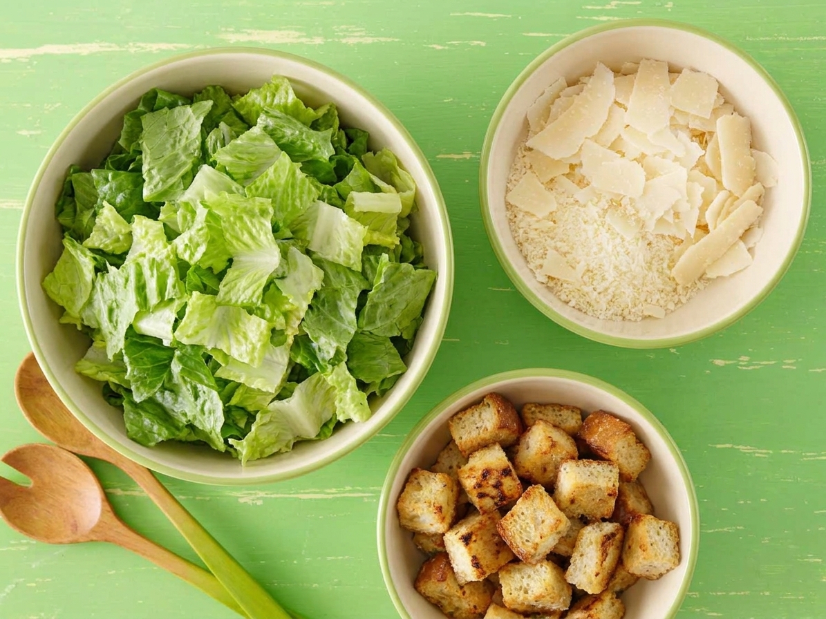 Chopped romaine, shaved Parmesan, and golden croutons prepped in separate bowls on a kitchen counter