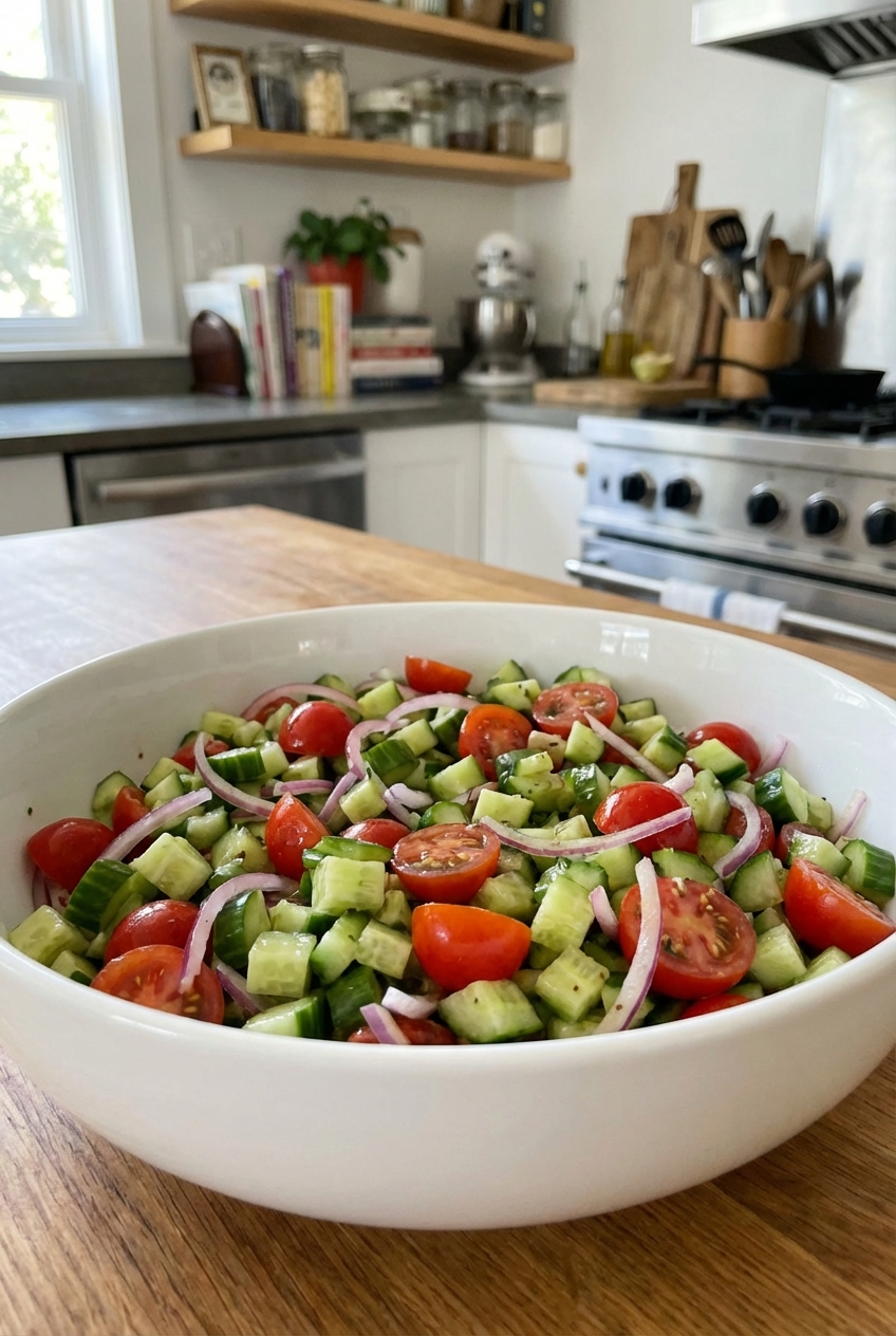 Chopped salad with cucumbers, tomatoes, and red onion in a white bowl