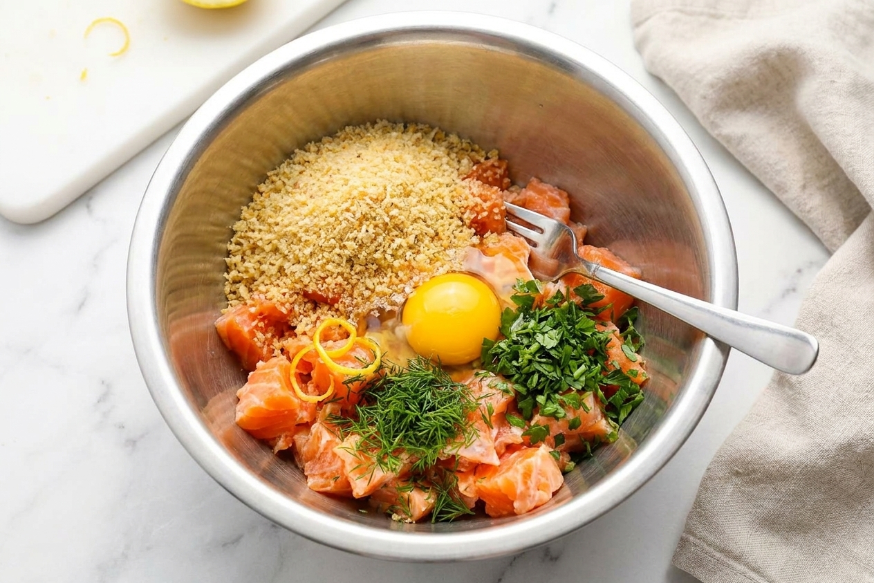Chopped salmon pieces in a mixing bowl with panko, egg, herbs, and lemon zest before mixing