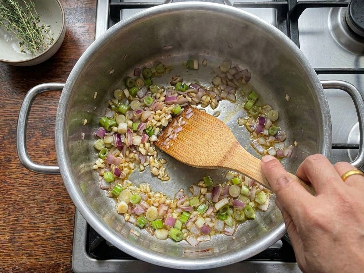 Chopped scallions, onion, and garlic sautéing in a pot until softened and fragrant.