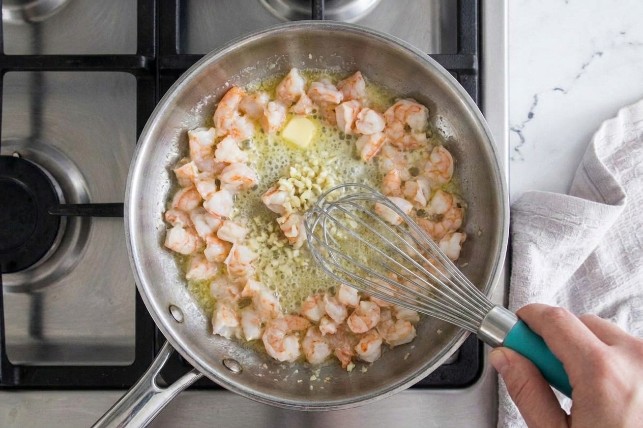Chopped shrimp sautéing in a skillet with butter and garlic, just starting to turn pink around the edges