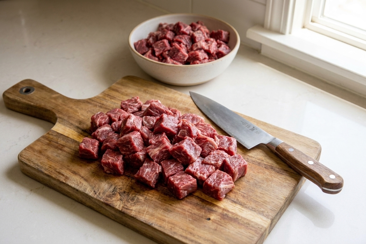 Chopped sirloin pieces on a wooden cutting board with a chef’s knife beside them