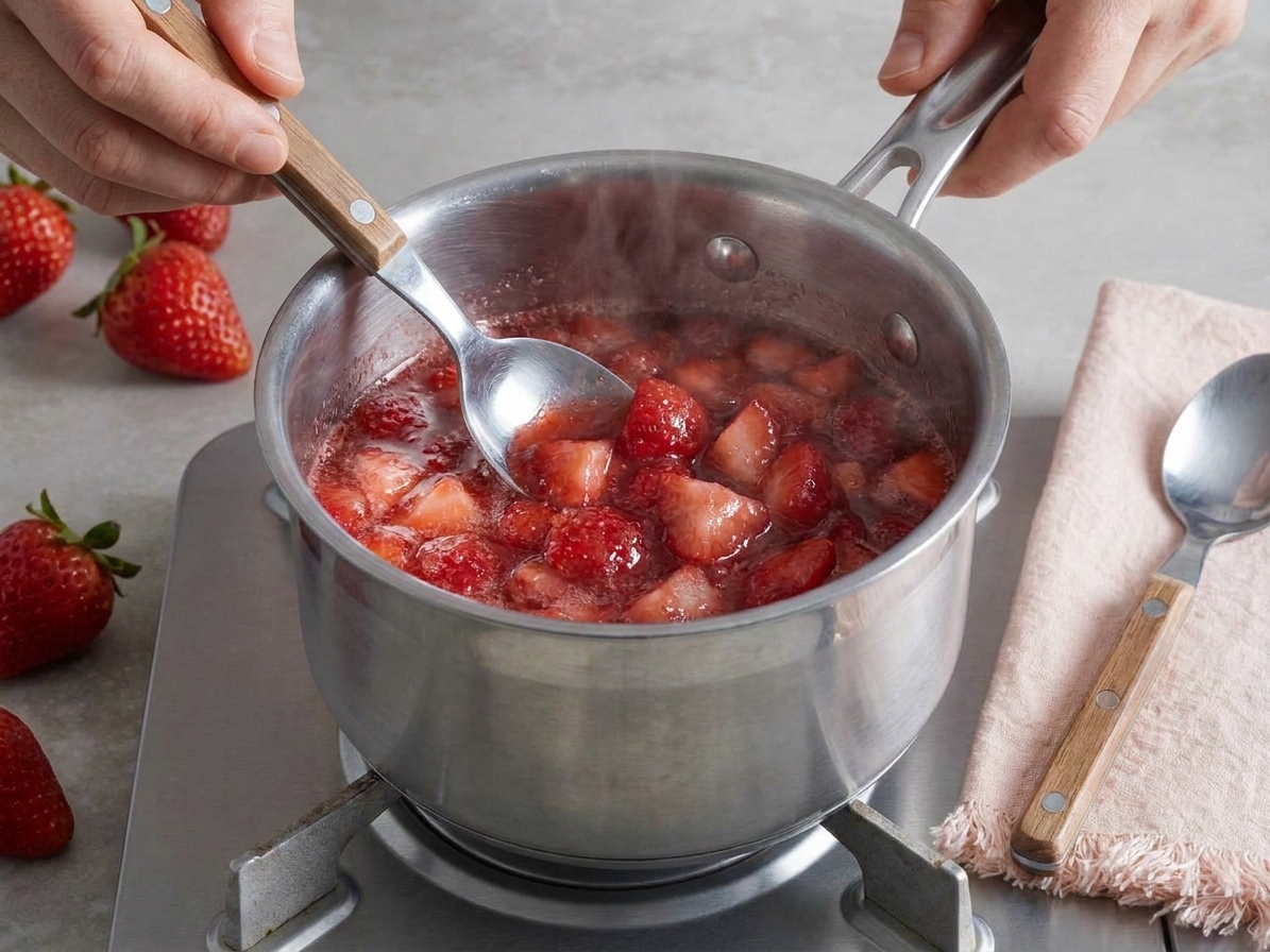 Chopped strawberries simmering with sugar in a small stainless steel saucepan on a stovetop, steam rising gently