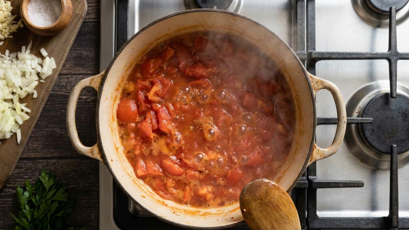 Chopped tomatoes bubbling and breaking down in a Dutch oven on a stovetop with steam rising