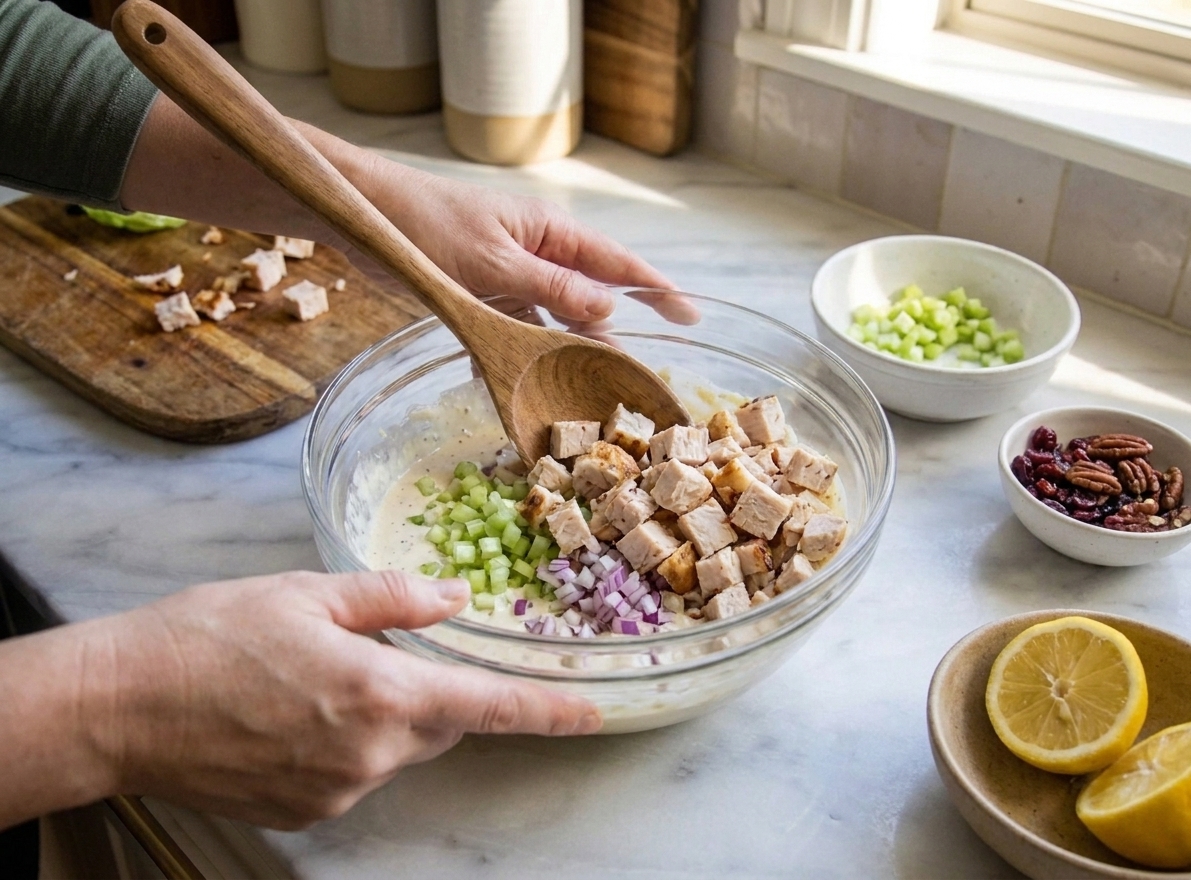 Chopped turkey being folded into a creamy dressing with celery and onion in a large mixing bowl