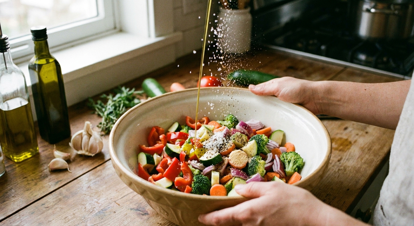 Chopped vegetables in a large mixing bowl being tossed with olive oil, salt, pepper, and garlic powder