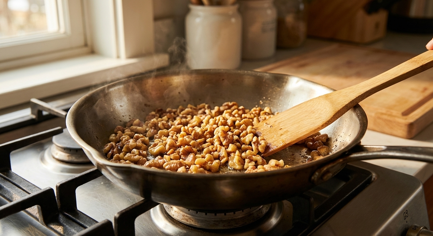 Chopped walnuts toasting in a dry skillet on a stovetop, close up with warm kitchen lighting