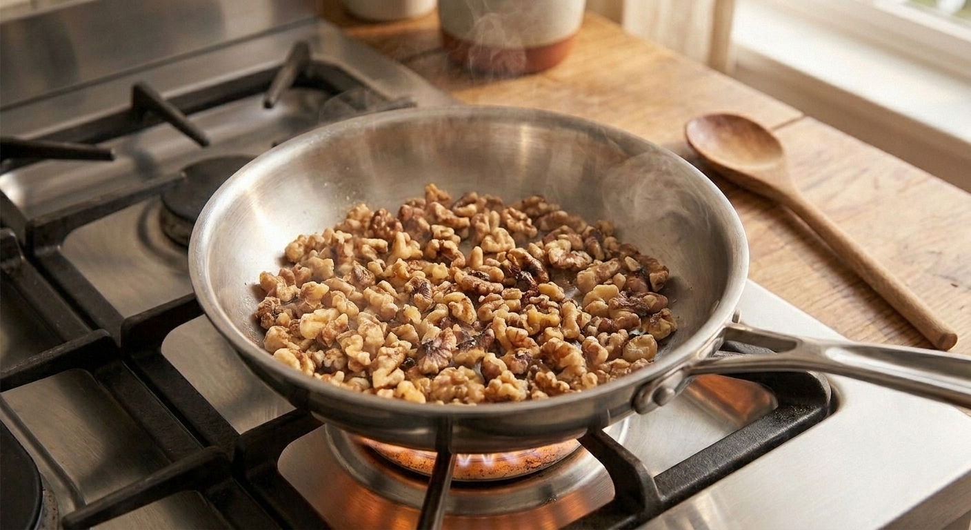 Chopped walnuts toasting in a dry skillet on a stovetop with a wooden spoon nearby