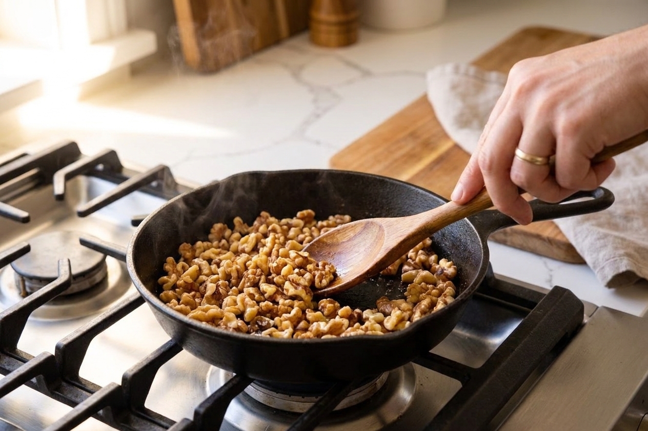 Chopped walnuts toasting in a small skillet on a stovetop while being stirred with a wooden spoon in warm kitchen lighting