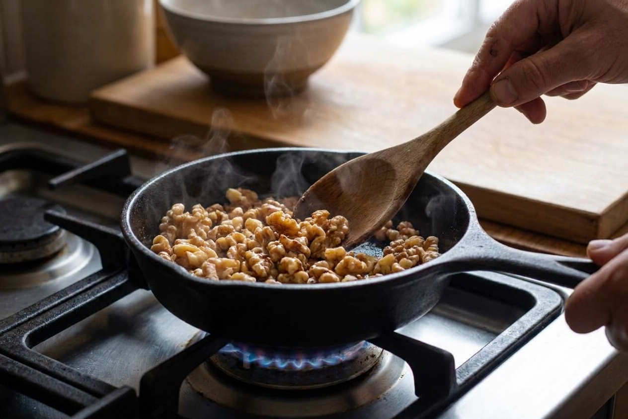 Chopped walnuts toasting in a small skillet on a stovetop, with a wooden spoon stirring them