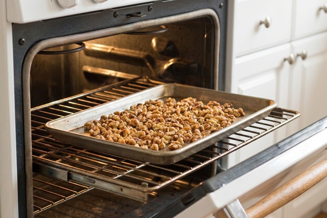Chopped walnuts toasting on a baking sheet in a warm oven with the oven rack pulled out slightly