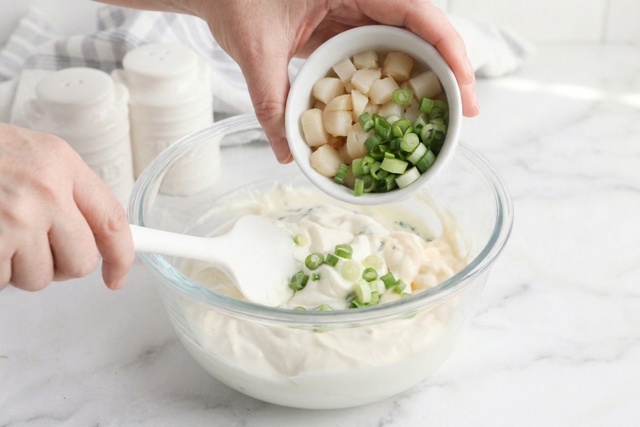 Chopped water chestnuts and sliced green onions being added to a bowl of creamy spinach dip mixture