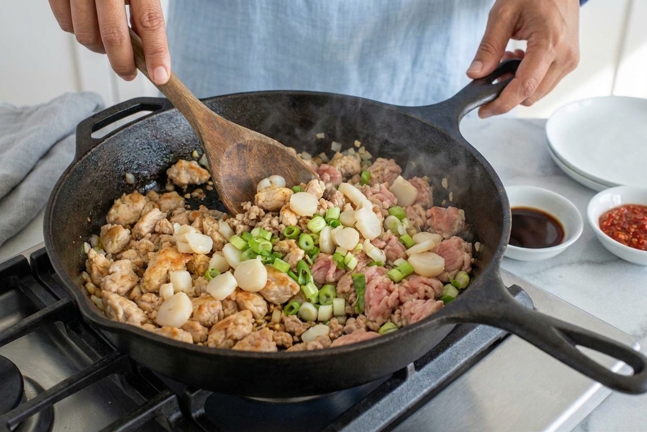 Chopped water chestnuts and sliced green onions being stirred into a skillet of cooked chicken filling