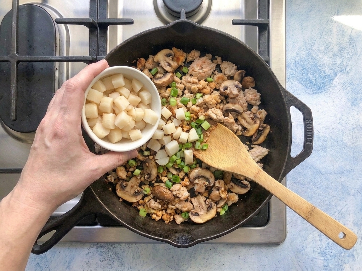 Chopped water chestnuts being poured into a skillet of cooked chicken, onions, and mushrooms on a stovetop
