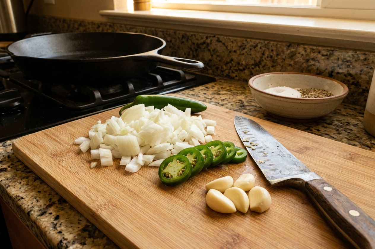 Chopped white onion, sliced jalapeno, and peeled garlic cloves on a cutting board with a chef's knife