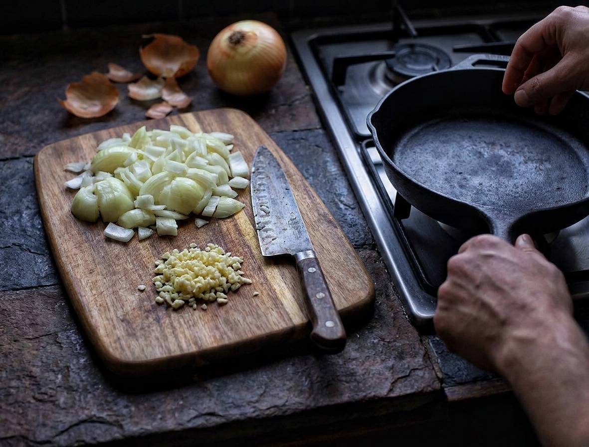 Chopped yellow onion and minced garlic on a cutting board beside a stovetop skillet