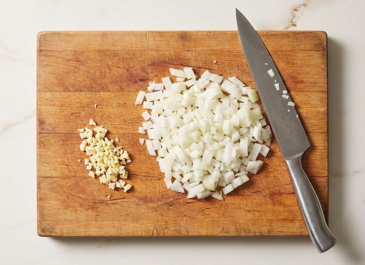 Chopped yellow onion and minced garlic on a wooden cutting board with a chef’s knife, ingredients prepped for making meat sauce