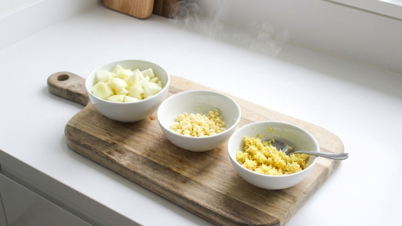 Chopped yellow onion, minced garlic, and grated ginger arranged in small bowls on a kitchen counter