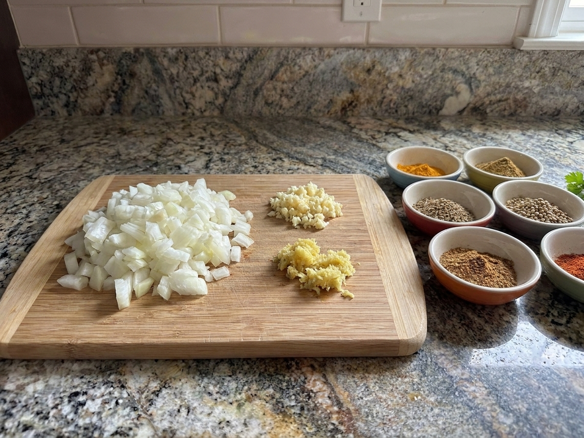 Chopped yellow onion with minced garlic and grated ginger on a cutting board next to small bowls of ground spices