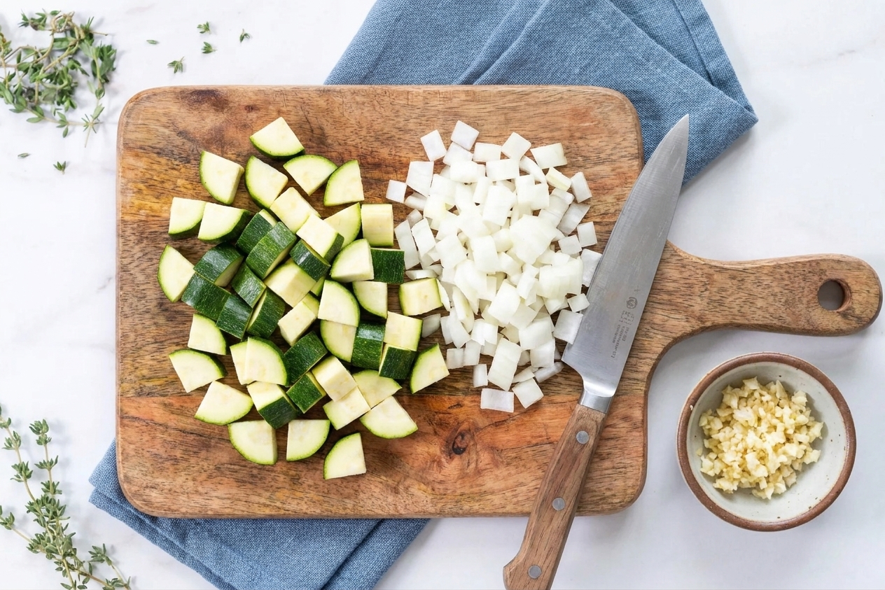 Chopped zucchini and diced onion on a cutting board with a knife and a small bowl of minced garlic nearby on a bright kitchen counter